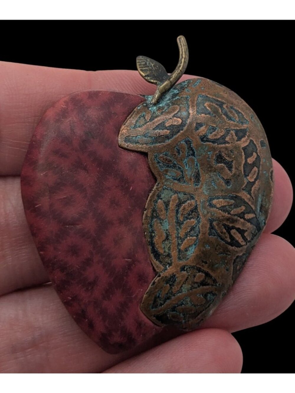 Vintage Artisan Boho Handmade Copper Apple Brooch Leaf Patina Statement Pin
